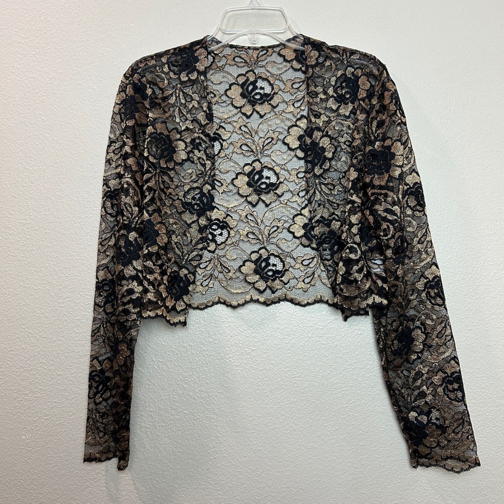 Vintage Lace Bolero Jacket Womens 14 Black Gold Metallic Floral Shrug Sheer Chic - Picture 3 of 15
